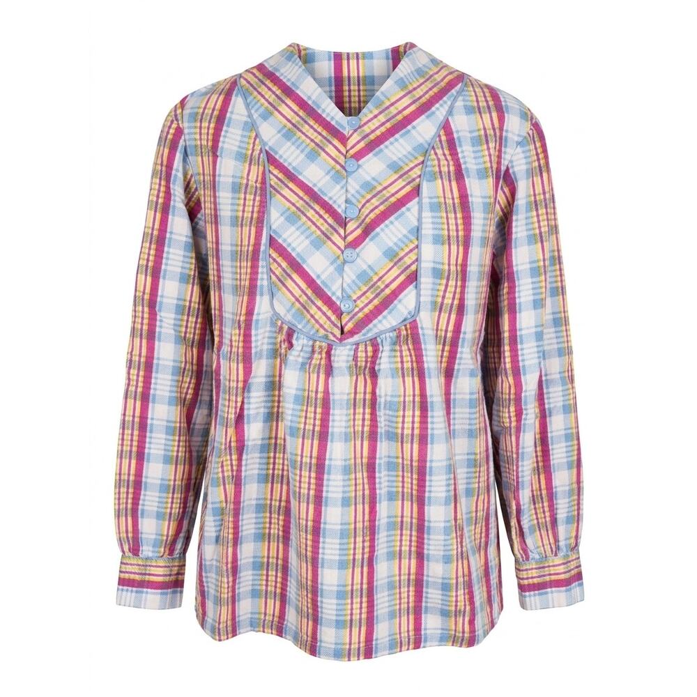 Vintage Sail for Sears Plaid Bib Front Ruffle Cotton Blouse Top Grandmacore m/l